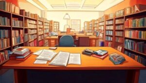 An illustration of library shelves with a desk and chair in the center.