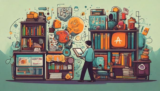 An illustration of someone thinking and tinkering in front of a bookshelf and workshop