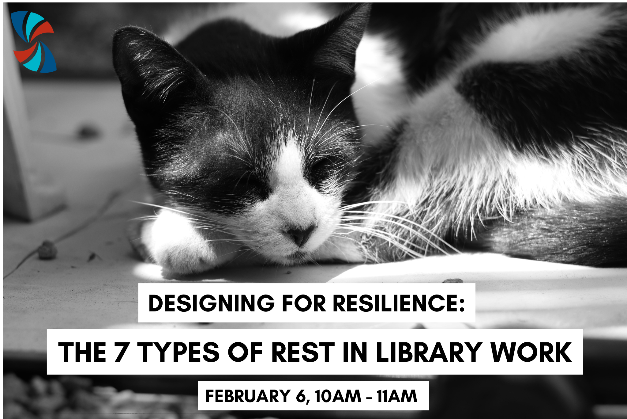 A grayscale photo of a cat sleeping, with the title of the session listed, stating, "Designing for Resilience: The 7 Types of Rest in Library Work"