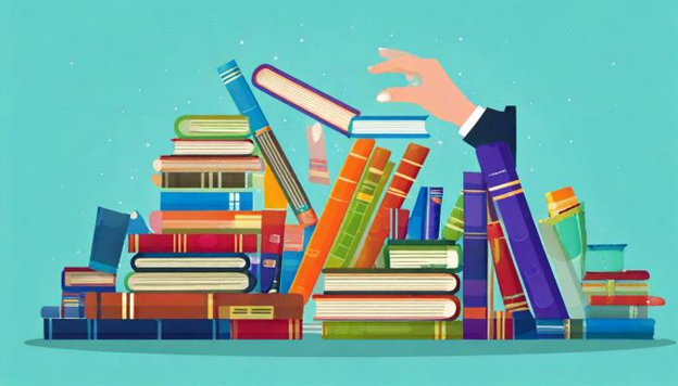 An illustration of books with a grasping hand against a teal background.